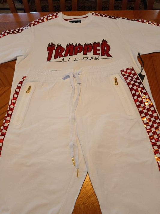 MAKOBI Trappers White & Racing Foil Hip Hop STREET Wear Party SHORT SET Size M