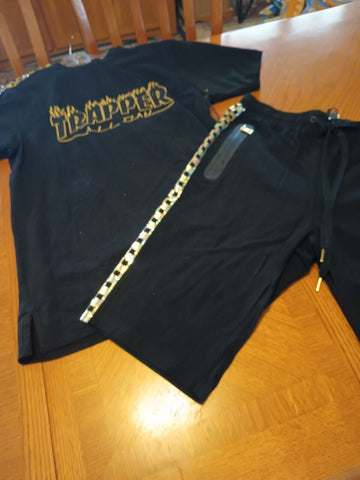 MAKOBI Trappers Black & Gold Foil Hip Hop STREET Wear Party SHORT SET